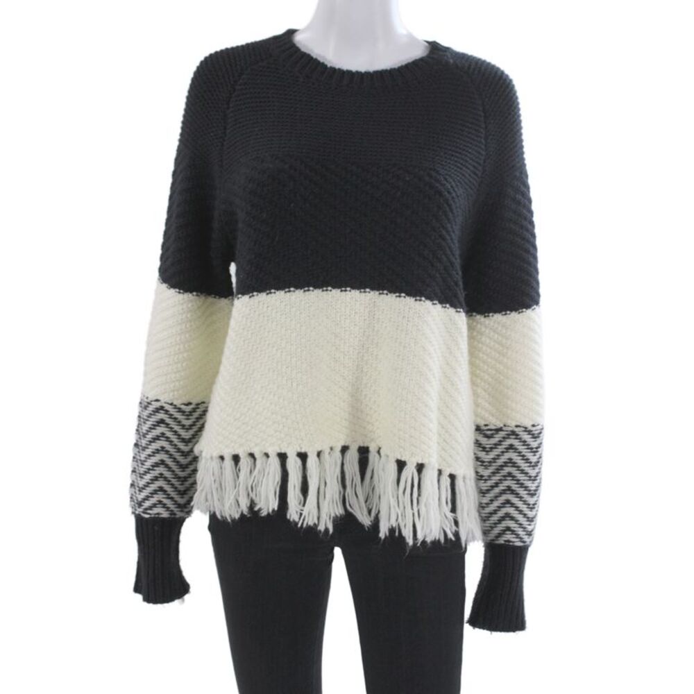 John & Jenn Women Pullover Black Striped Crew Neck Long Sleeve Petite Size S